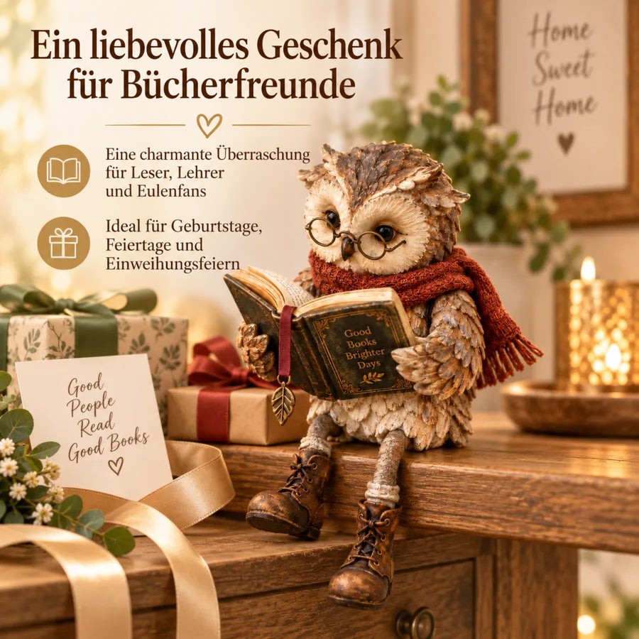 Lesende Eule auf einem Holztisch zwischen Geschenkpaketen, Bändern und Kerzenlicht als Geschenkidee für Bücherfreunde 7
