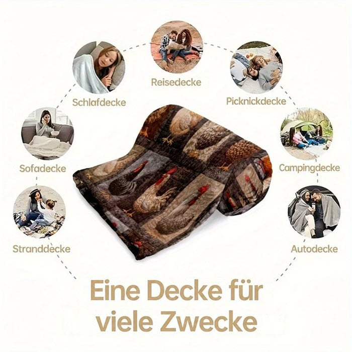 Gerollte Decke mit Hühnermotiven in der Mitte, umgeben von Bildern verschiedener Einsatzmöglichkeiten 11