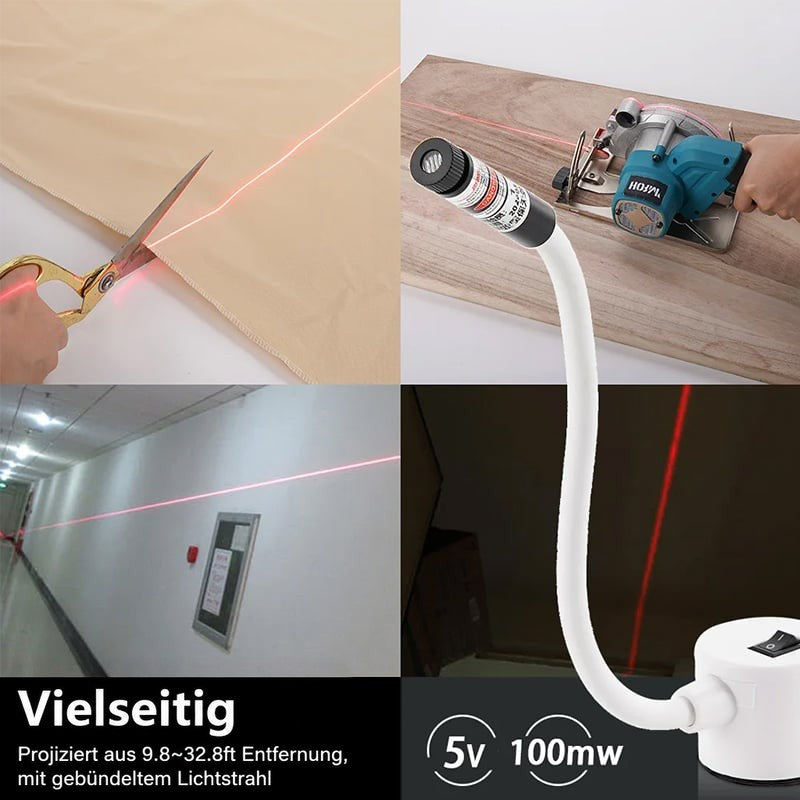 Collage mit Einsatz beim Stoffschneiden, an einer Kreissäge und als Linienlaser im Flur, daneben der Laser 8