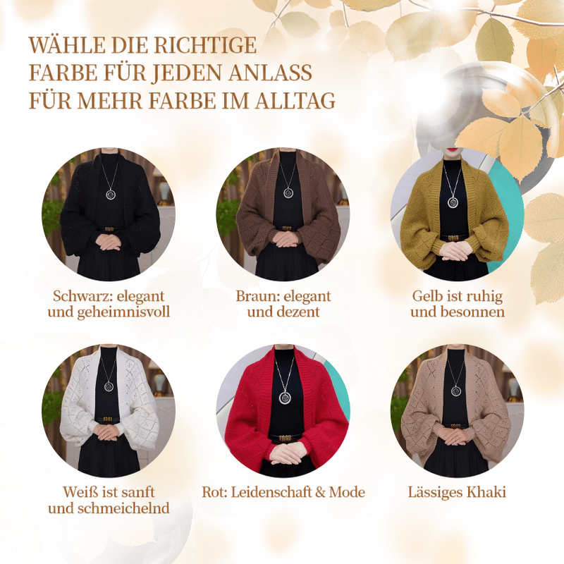 Farbübersicht der Strickjacke in Schwarz, Braun, Senfgelb, Weiß, Rot und Khaki in Rundbildern 13