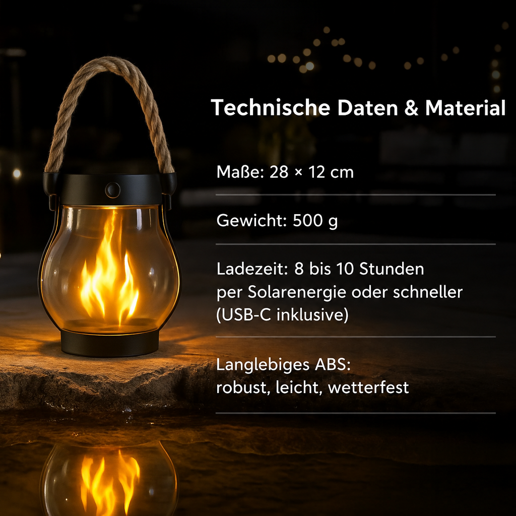 Einzelne Laterne mit Seilgriff und flackernder Flamme auf Stein, daneben eine Tafel mit technischen Angaben 2
