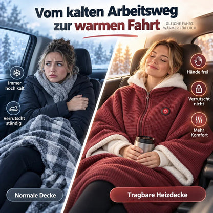 Vergleich im Auto: links Frau frierend mit karierter Decke, rechts entspannt in der roten tragbaren Heizdecke 4