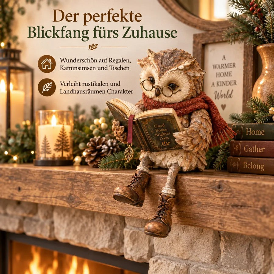 Eulenfigur mit Buch sitzt auf einem Kaminsims, umgeben von Kerzen, Tannenzweigen und Zapfen als Dekoration 5