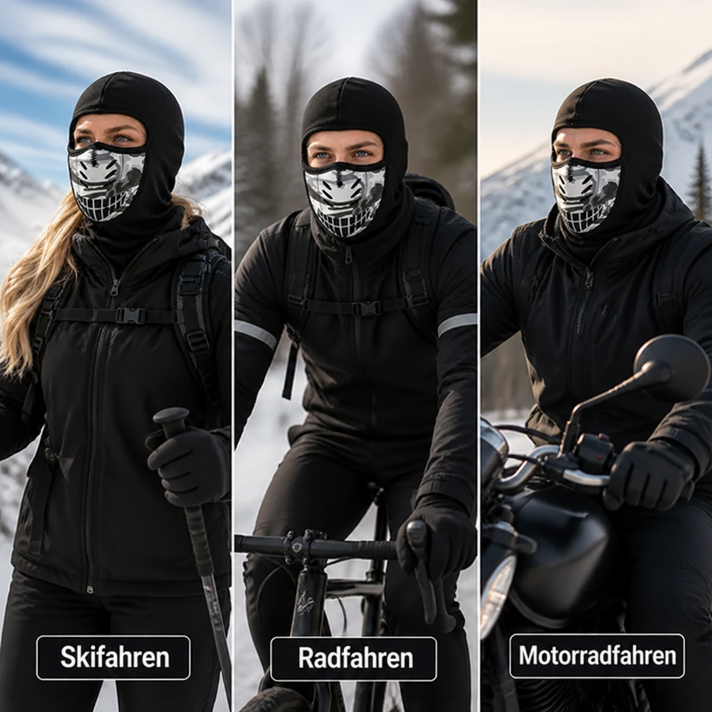 Dreiteilige Collage: Die Sturmhaube getragen beim Skifahren, Radfahren und Motorradfahren in winterlicher Landschaft. 5