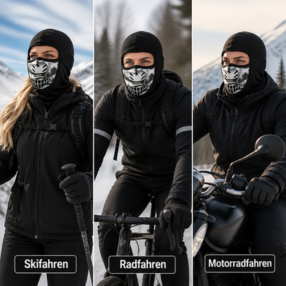 Dreiteilige Collage: Die Sturmhaube getragen beim Skifahren, Radfahren und Motorradfahren in winterlicher Landschaft. 5