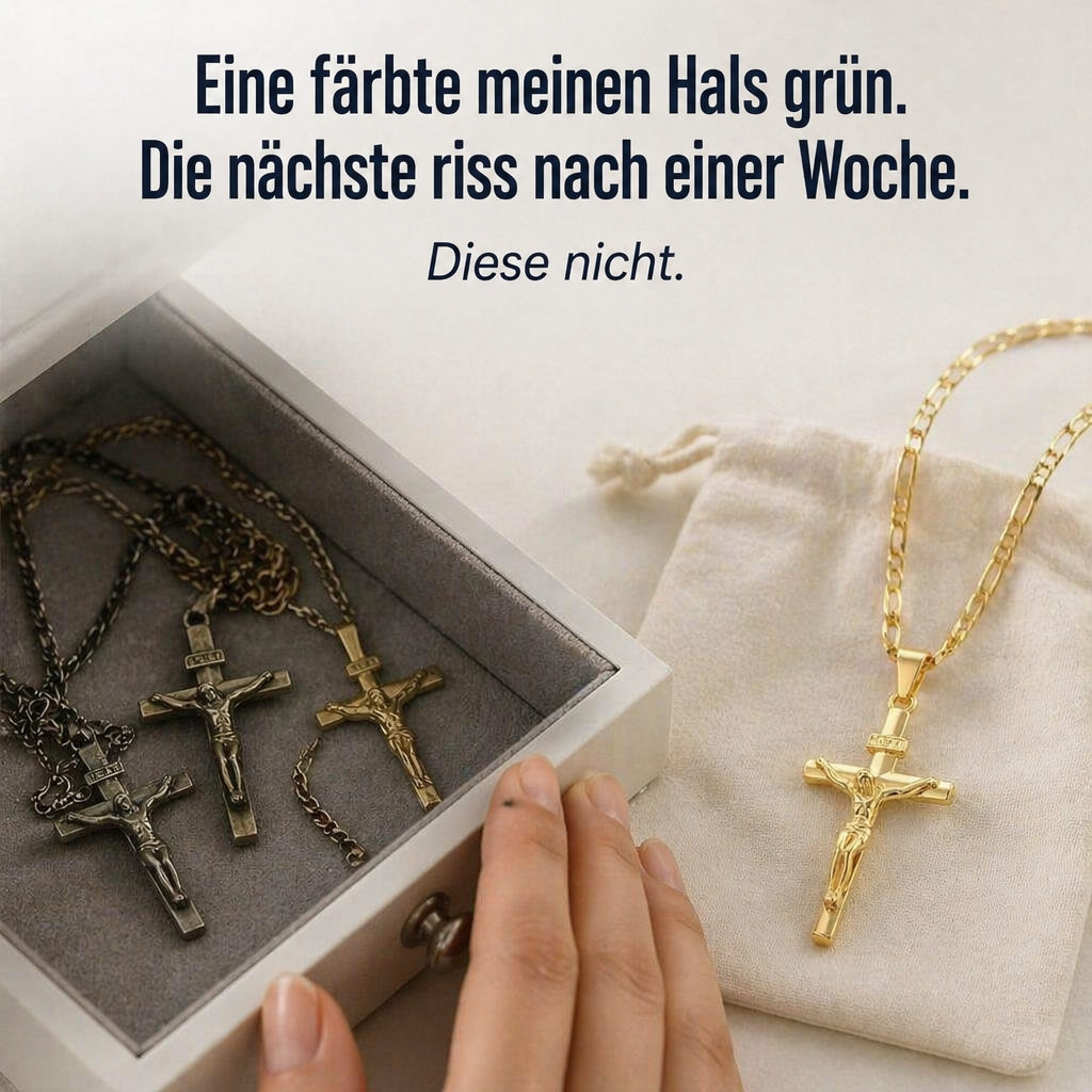Goldene Kreuzkette auf einem Stoffbeutel, links dunkel angelaufene Kreuzketten in einer geöffneten Schmuckschatulle 3