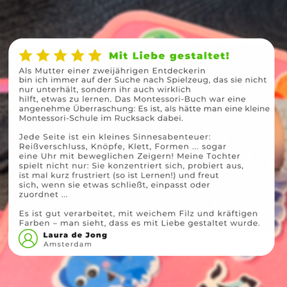 Kundenbewertung mit fünf Sternen als Textgrafik vor unscharfem Hintergrund mit dem rosa Filzbuch 11