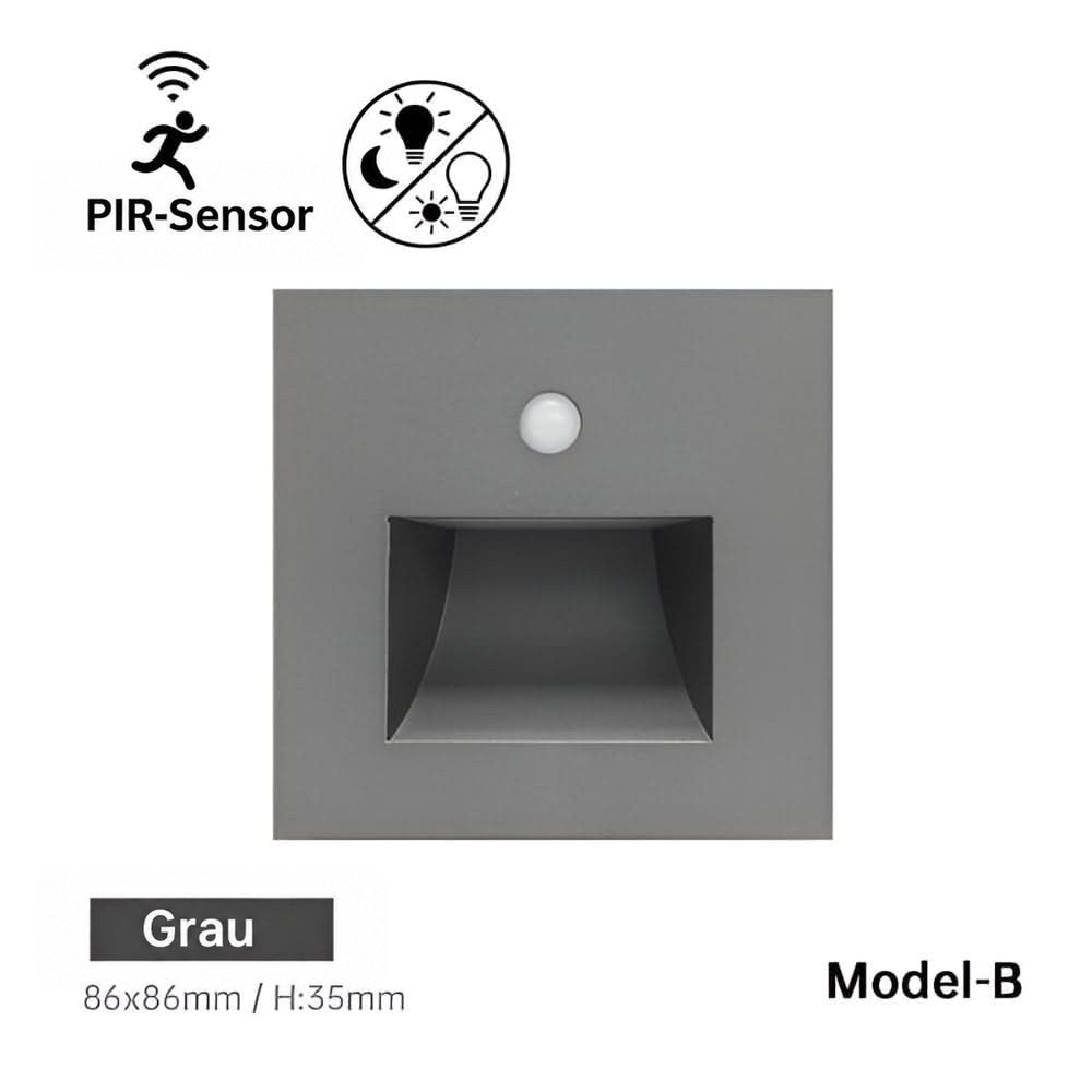 Graue quadratische Leuchte mit Sensor und rechteckiger Vertiefung, Modell B, Frontansicht 7
