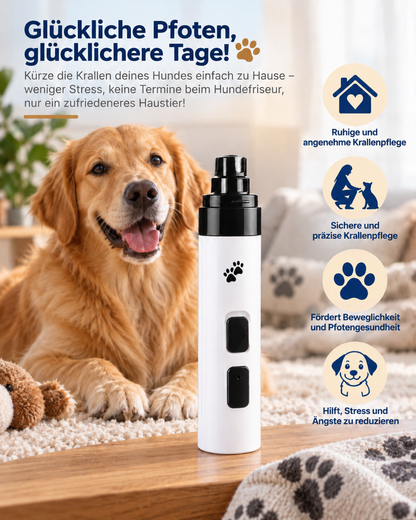Das Gerät neben einem liegenden Golden Retriever, ergänzt durch vier Symbole mit Vorteilen der Krallenpflege 5