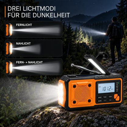 Nachtszene im Wald: Radio leuchtet auf einem Felsen, links drei Lichtmodi der Seitenlampe, rechts ein Wanderer mit 6