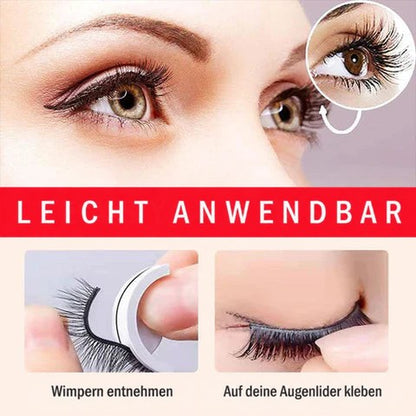 Anwendungsbild: Wimpern werden vom Halter genommen und auf das Augenlid gesetzt, darüber ein Auge mit Wimpern. 2