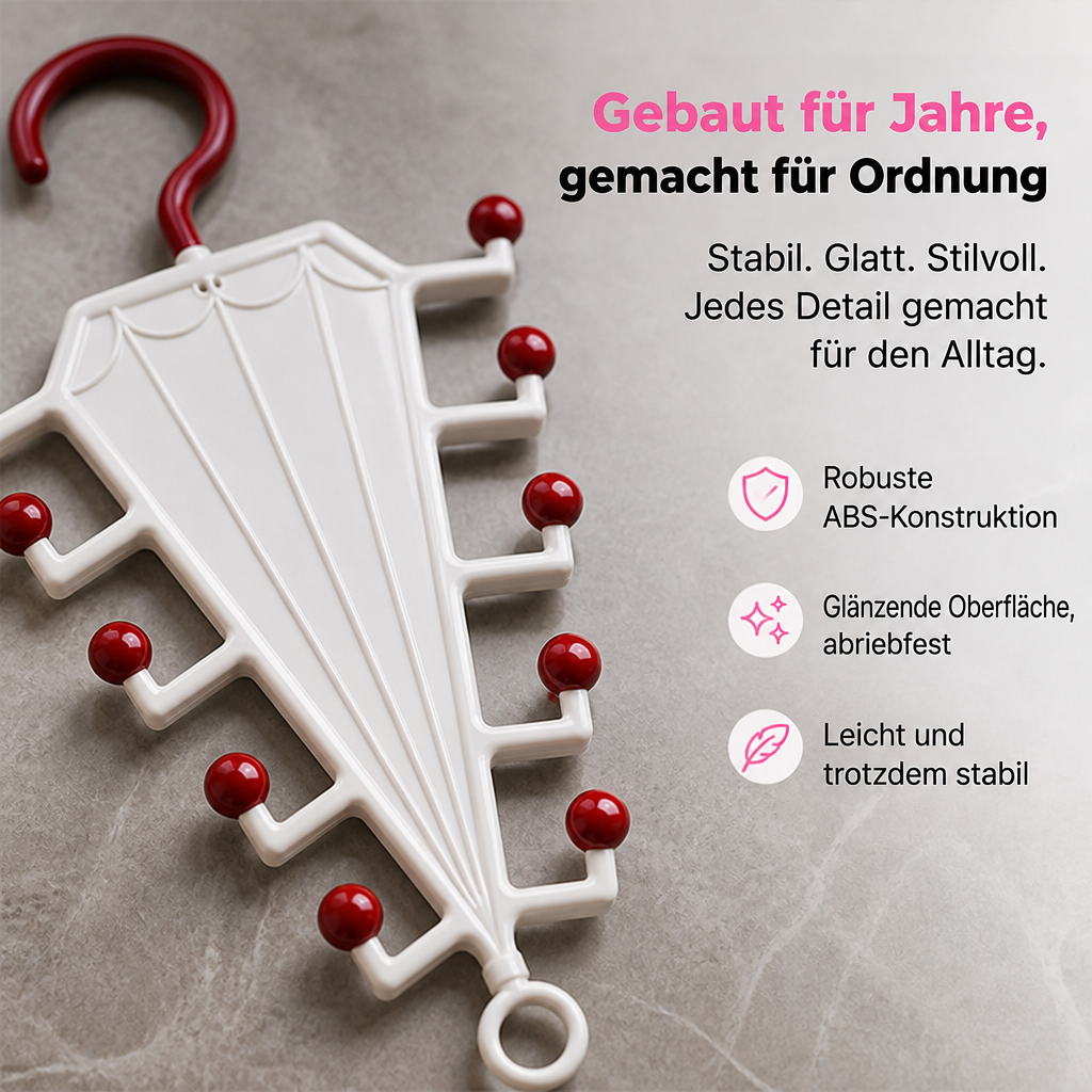 Nahaufnahme des weißen Hängers mit roten Kugelspitzen auf grauer Steinfläche, Detail von Haken und Oberfläche 3