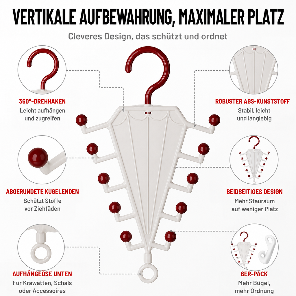 Weißer schirmförmiger Hänger mit roten Kugelspitzen in der Vorderansicht, umgeben von Detailkreisen zu Haken, Spitzen und 7