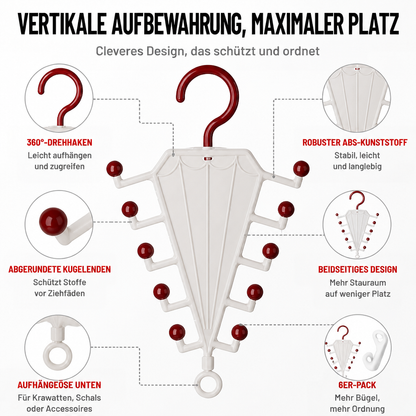 Weißer schirmförmiger Hänger mit roten Kugelspitzen in der Vorderansicht, umgeben von Detailkreisen zu Haken, Spitzen und 7