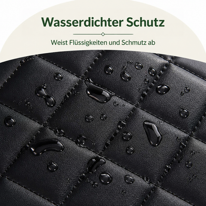 Nahaufnahme der schwarzen Steppoberfläche mit Wassertropfen, die auf dem glatten Material abperlen und die wasserabweisende Wirkung zeigen. 3