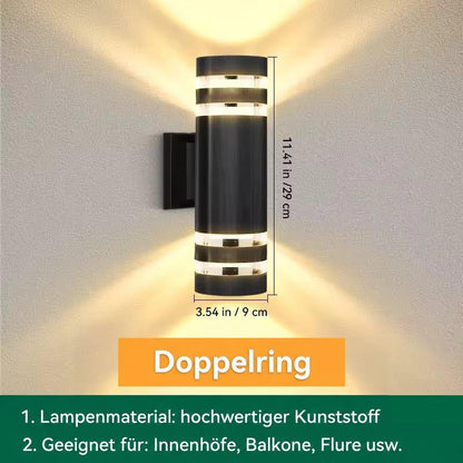 Produktgrafik der runden Variante mit doppeltem Ring, mit Maßangaben und Hinweis auf Einsatzorte wie Balkone 14