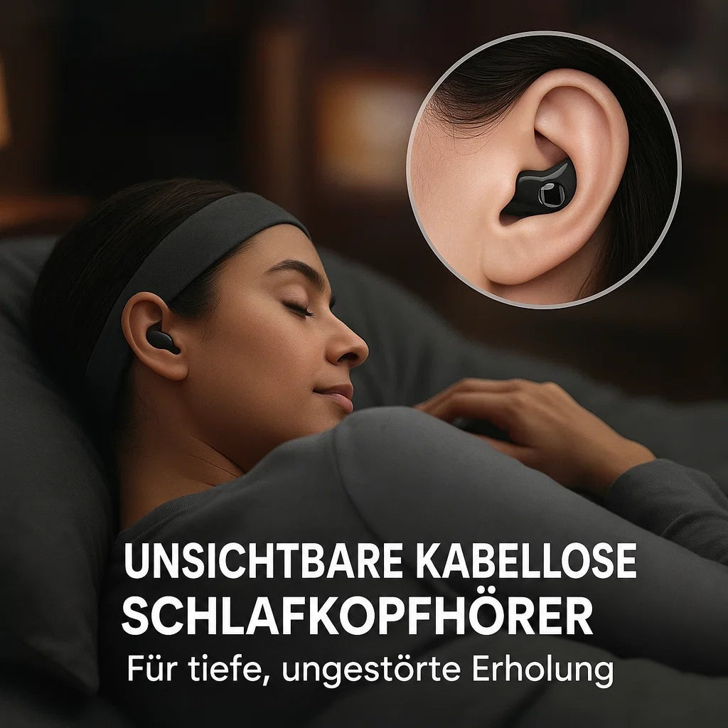 Frau mit Stirnband schläft seitlich im Bett, Kopfhörer im Ohr, Detailausschnitt des schwarzen Ohrstücks oben rechts 4