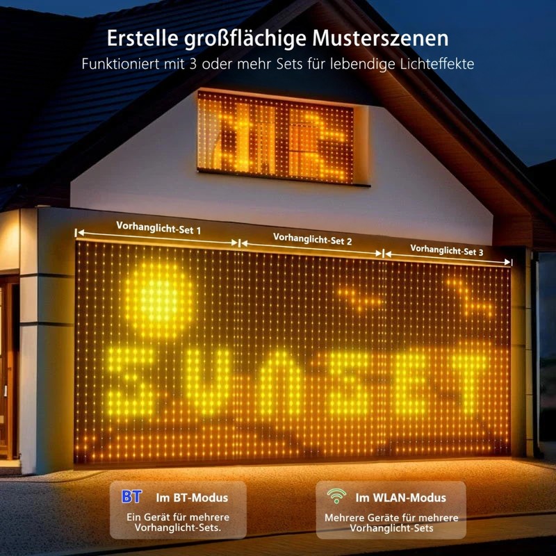 Drei nebeneinander montierte Lichtvorhänge an einer Hauswand zeigen in Gelb eine Sonne und Schriftzug, unten Hinweise zu 8