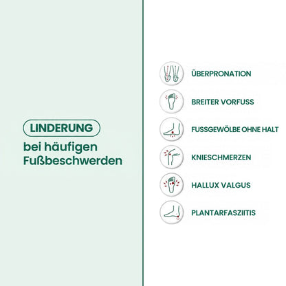 Infografik mit sechs Symbolen zu häufigen Fußbeschwerden wie breitem Vorfuß, Ballenzeh, Fersensporn und Knieschmerzen, auf grün-weißem Hintergrund. 12