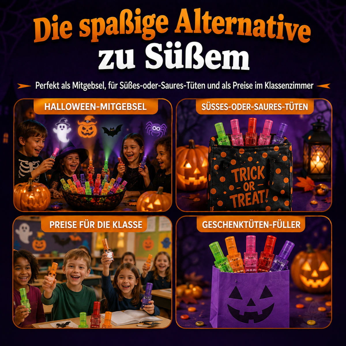 Vierfach-Collage zeigt die Fingerlichter als Partygeschenk, in Süßigkeitentüten, als Klassenpreis und in einer Goodie-Bag 14