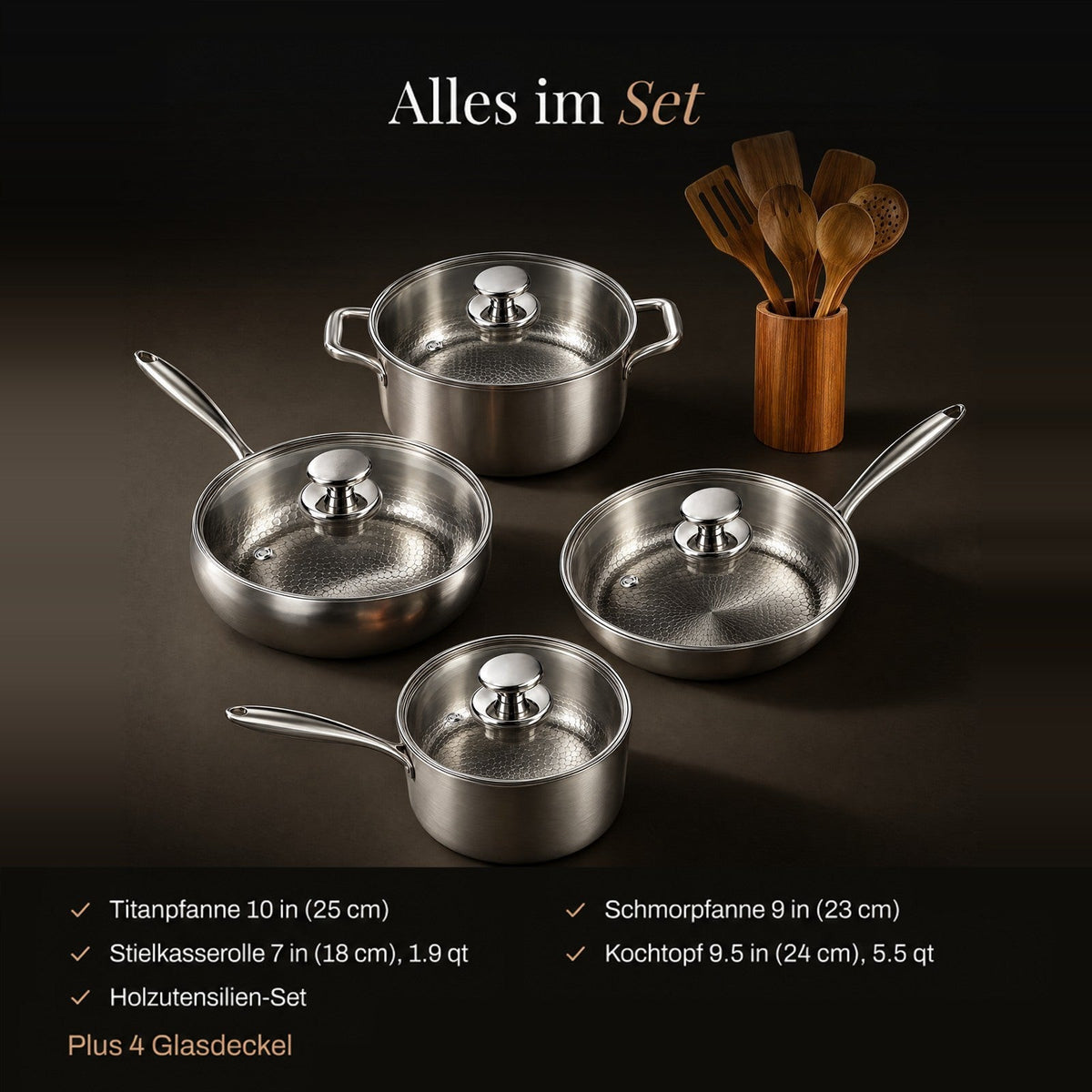 Das komplette Set mit vier Töpfen und Pfannen, vier Glasdeckeln und Holzutensilien, mit Aufzählung der Teile 2
