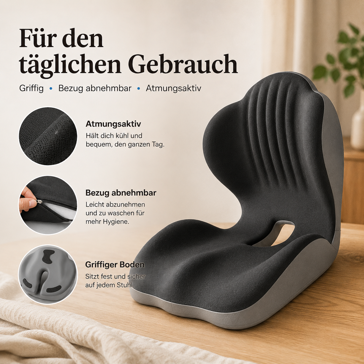 Sitzkissen auf einem Holztisch mit drei Detailkreisen zu atmungsaktivem Stoff, Reißverschluss der Hülle und rutschfester 11