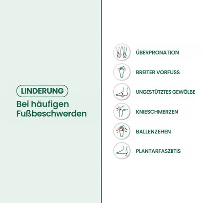 Infografik mit sechs Symbolen zu häufigen Fußbeschwerden wie breitem Vorfuß, Ballenzeh, Fersensporn und Knieschmerzen, auf grün-weißem Hintergrund. 3