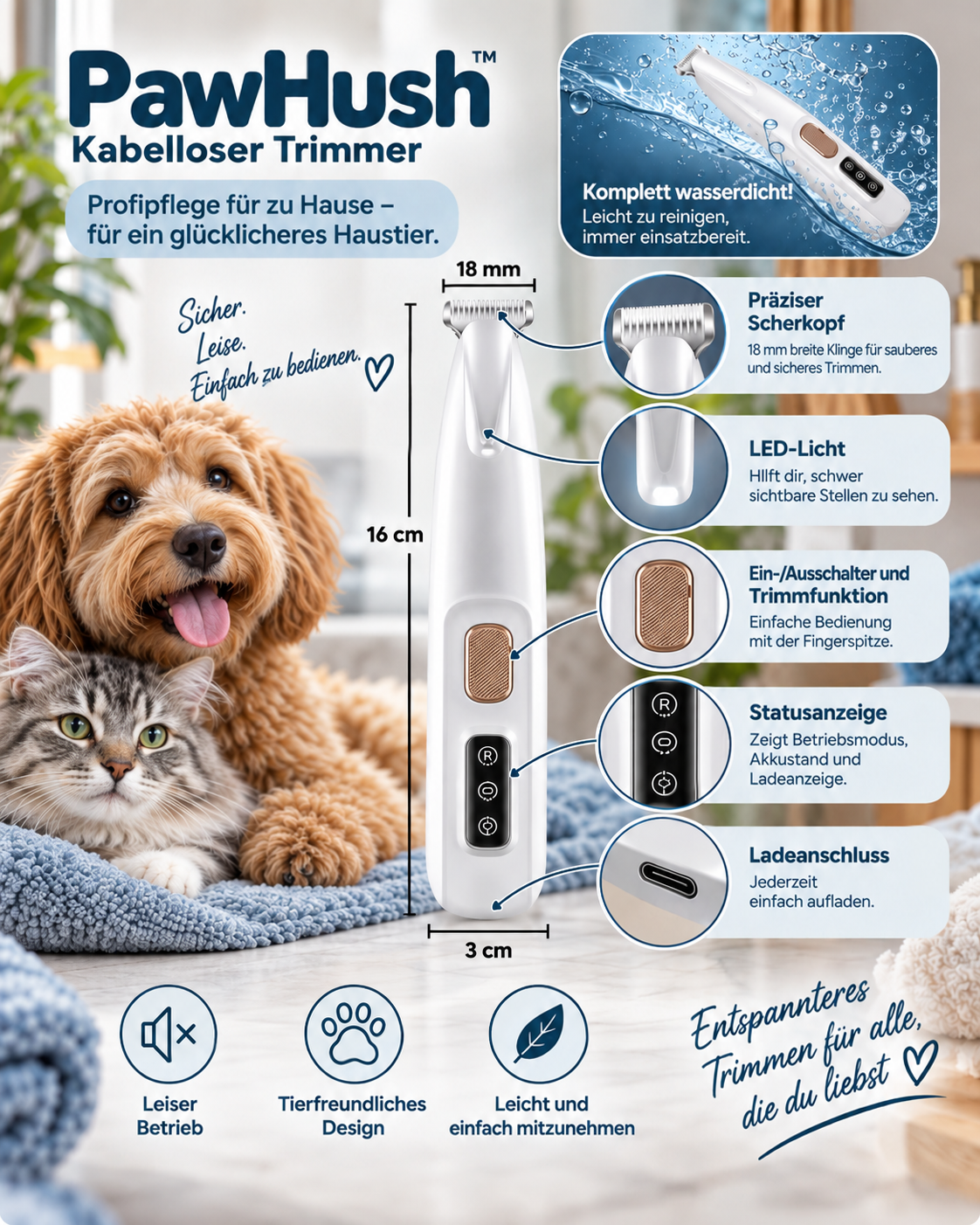 Produktgrafik des weißen Trimmers mit Maßen und beschrifteten Details wie Klinge, LED-Licht, Display und Ladeanschluss 6