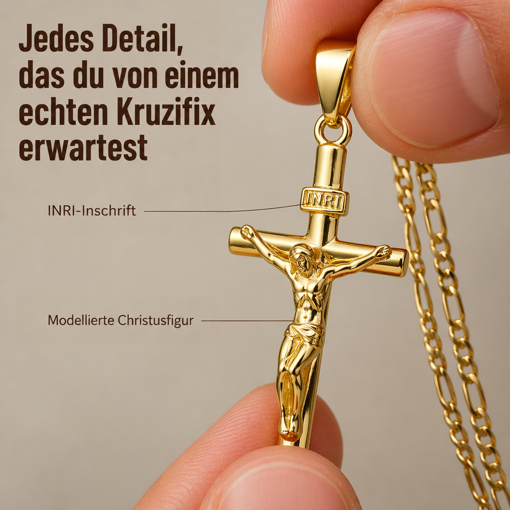 Goldener Kreuzanhänger mit Christusfigur und INRI-Schild, zwischen zwei Fingern gehalten, daneben die Figarokette 2