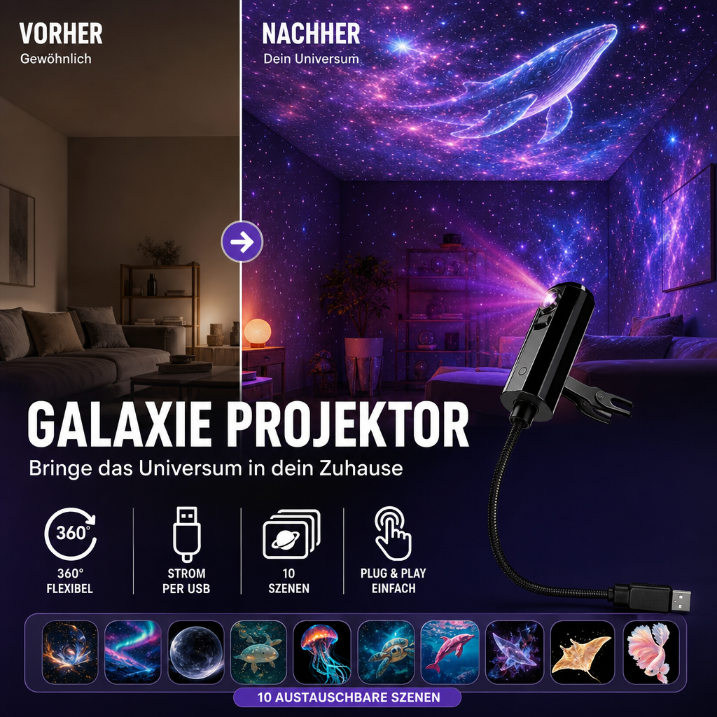 Vorher-nachher-Vergleich eines Wohnzimmers mit violetter Galaxie-Projektion, unten der Projektor und zehn Motive 4