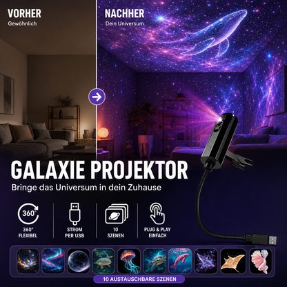 Vorher-nachher-Vergleich eines Wohnzimmers mit violetter Galaxie-Projektion, unten der Projektor und zehn Motive 4