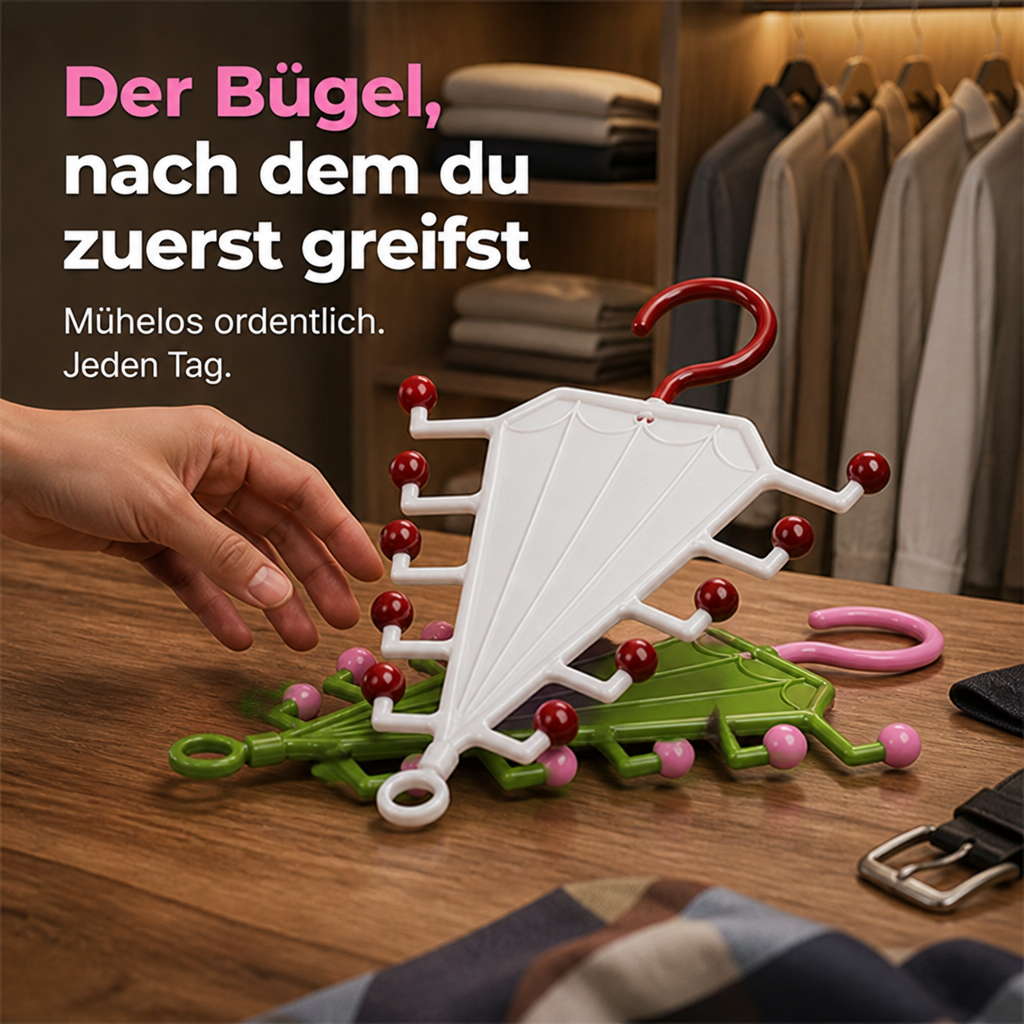 Weißer Hänger liegt auf einem Holztisch über einem grünen, daneben Gürtel und Stoff, eine Hand greift danach 6