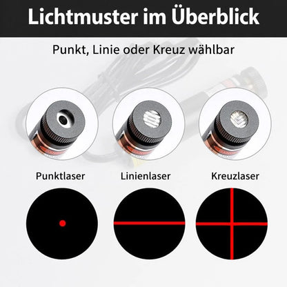 Nahaufnahme dreier Laserköpfe mit den Strahlbildern Punkt, gerade Linie und Kreuz als schwarze Kreisgrafiken 7