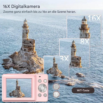 Zoomvergleich mit Leuchtturm im Meer in dreifacher, achtfacher und sechzehnfacher Vergrößerung auf rosa Kamera 9