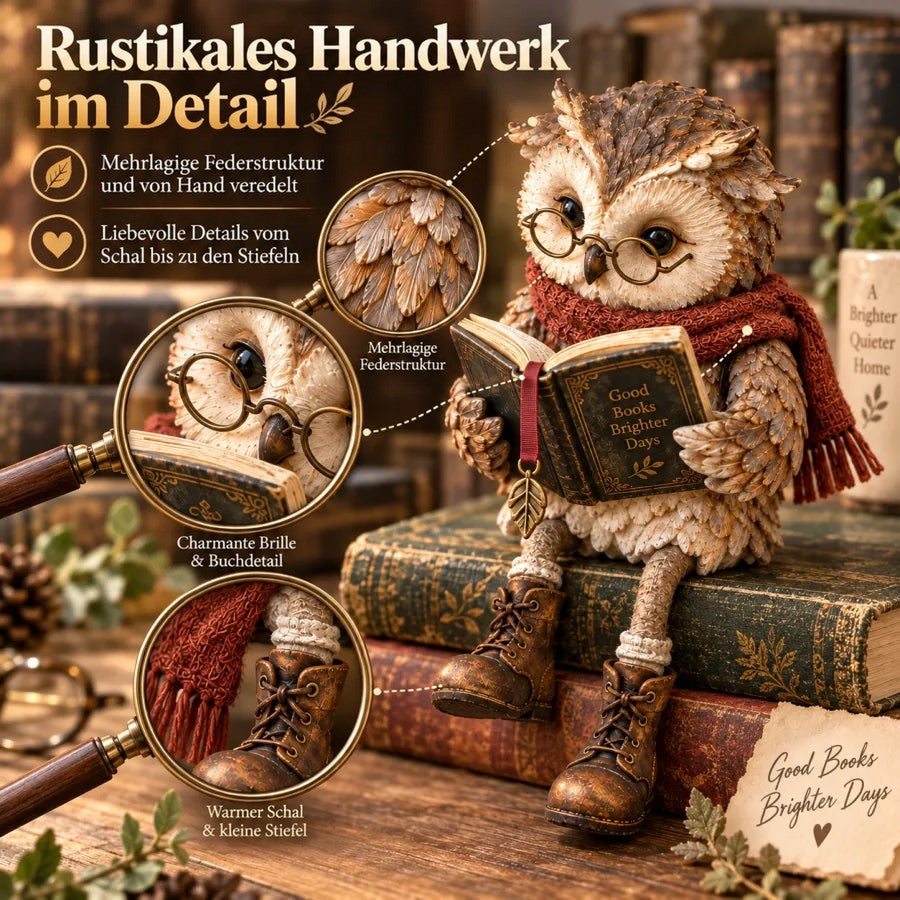 Detailaufnahmen der Eulenfigur: gefiederte Struktur, Brille mit Buch sowie Schal und braune Stiefelchen in Lupen 4