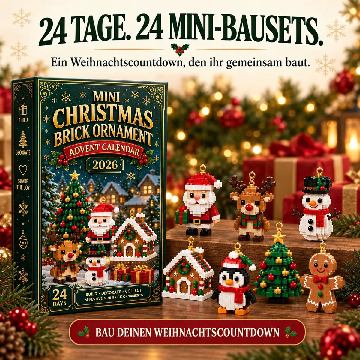 Schachtel neben sieben fertigen Figuren auf einer Holzstufe: Weihnachtsmann, Rentier, Schneemann, Lebkuchenhaus, Pinguin, Tannenbaum und Lebkuchenmann. 8