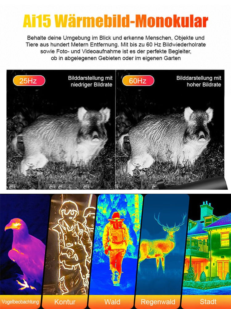 Vergleich zweier Wärmebilder eines Wildschweins mit niedriger und hoher Bildrate, darunter farbige Motive wie Adler und 4
