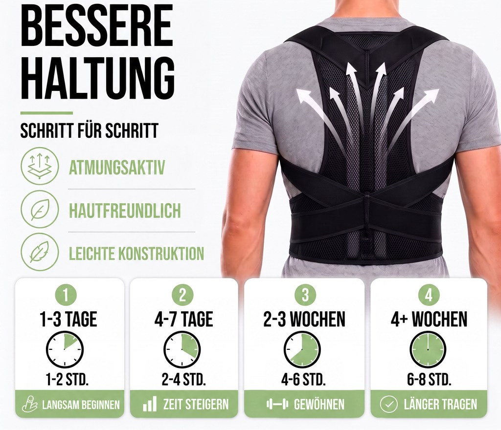 Mann von hinten mit schwarzer Haltungskorrektur, Pfeile über dem Netzgewebe und eine Übersicht zur schrittweisen Gewöhnung an die Tragedauer. 4