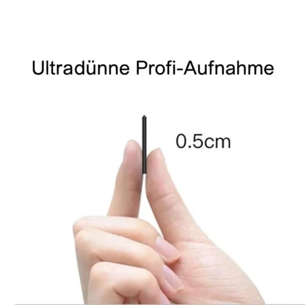 Der Recorder wird hochkant zwischen Daumen und Zeigefinger gehalten, daneben eine Dickenangabe, die seine sehr flache 3
