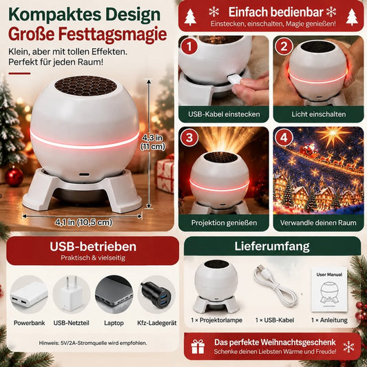 Infografik mit Maßen, Bedienschritten, USB-Stromquellen und Lieferumfang des weißen kugelförmigen Projektors auf Standfuß 1