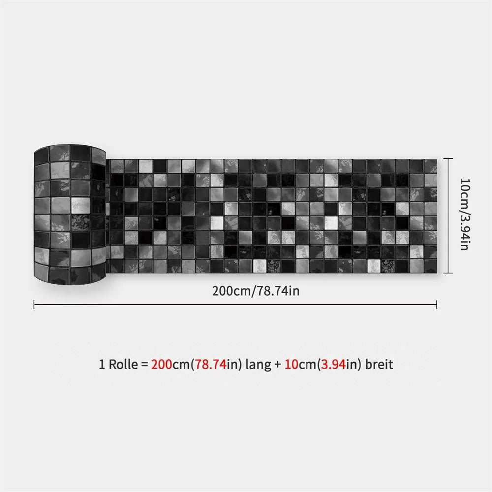 Aufgerollter Streifen mit schwarz-grauem Mosaikmuster, daneben die Maße 10 cm Breite und 200 cm Länge 61