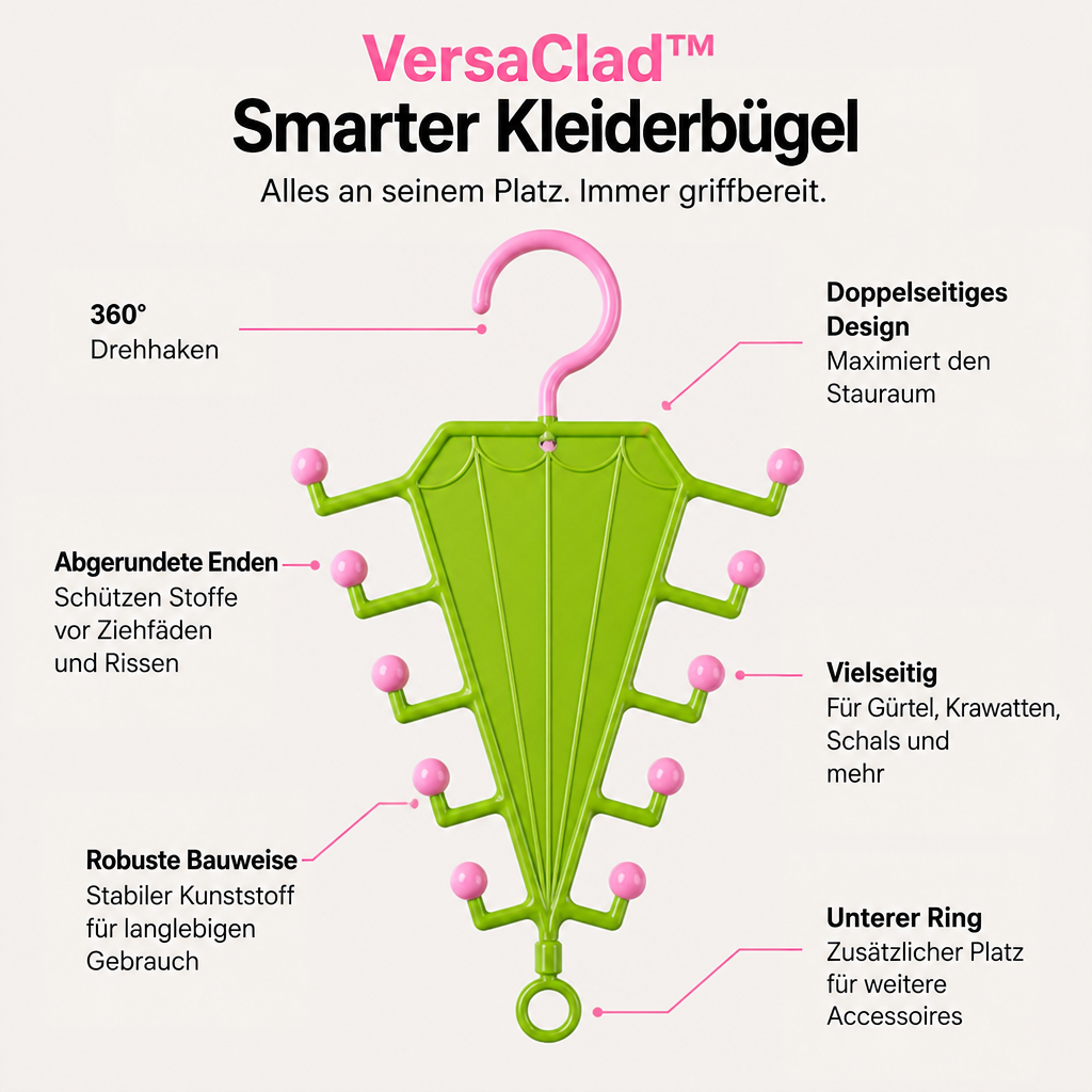 Grüner schirmförmiger Hänger mit rosa Kugelspitzen und Haken, Vorderansicht mit beschrifteten Merkmalen auf hellem 2