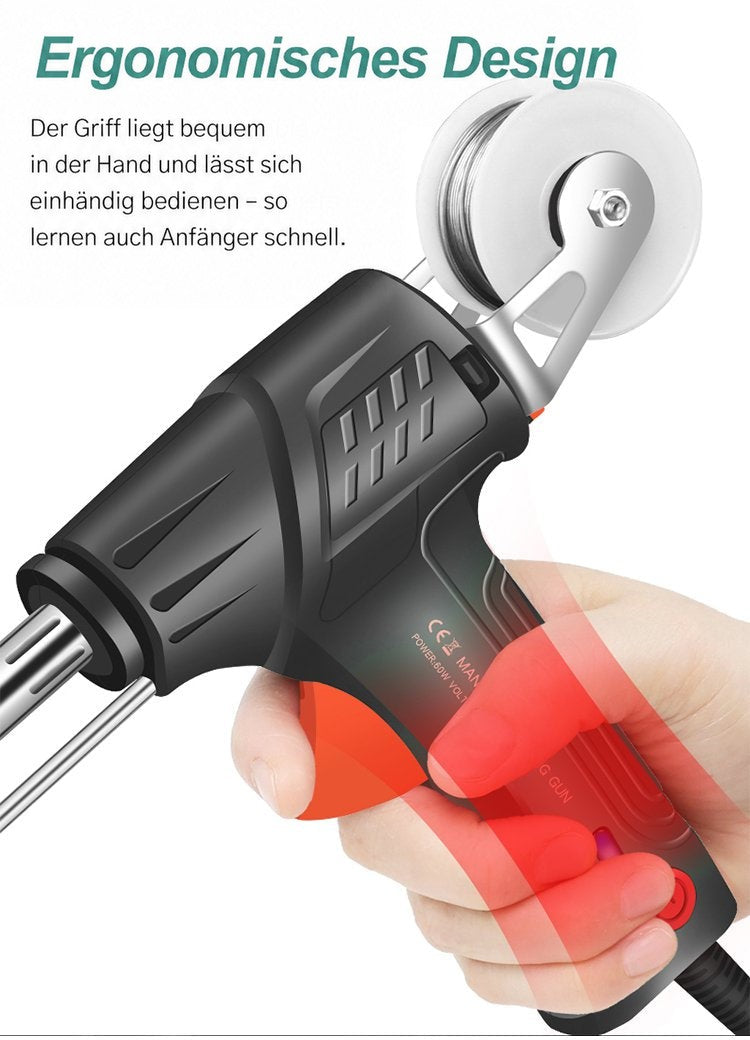 Hand umfasst den ergonomischen Griff der Pistole mit aufgesetzter Drahtrolle, Druckbereiche rot hervorgehoben 6