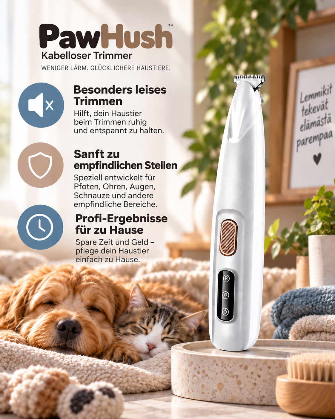 Trimmer auf einem Steinsockel, daneben ein schlafender Hund und eine Katze, mit Infotexten zu Vorteilen 2