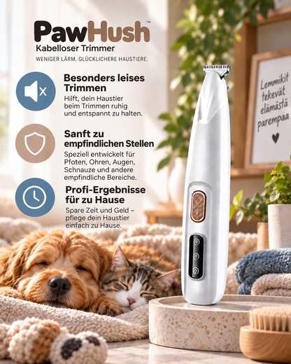 Trimmer auf einem Steinsockel, daneben ein schlafender Hund und eine Katze, mit Infotexten zu Vorteilen 2