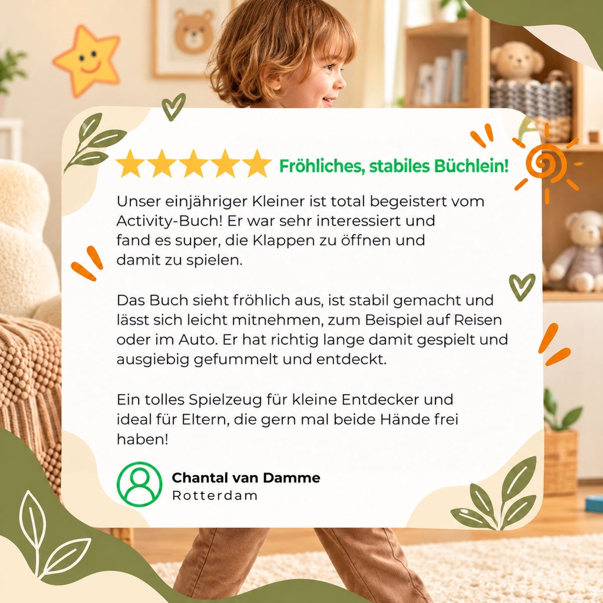 Fünf-Sterne-Kundenbewertung in niederländischer Sprache vor dem Hintergrund eines Kindes im Wohnzimmer 10