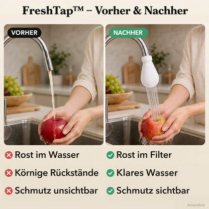 Vorher-nachher-Vergleich: Apfel unter einem Hahn ohne Filter und unter einem Hahn mit weißem Filterbeutel, dazu Pro-und-Contra-Liste. 9