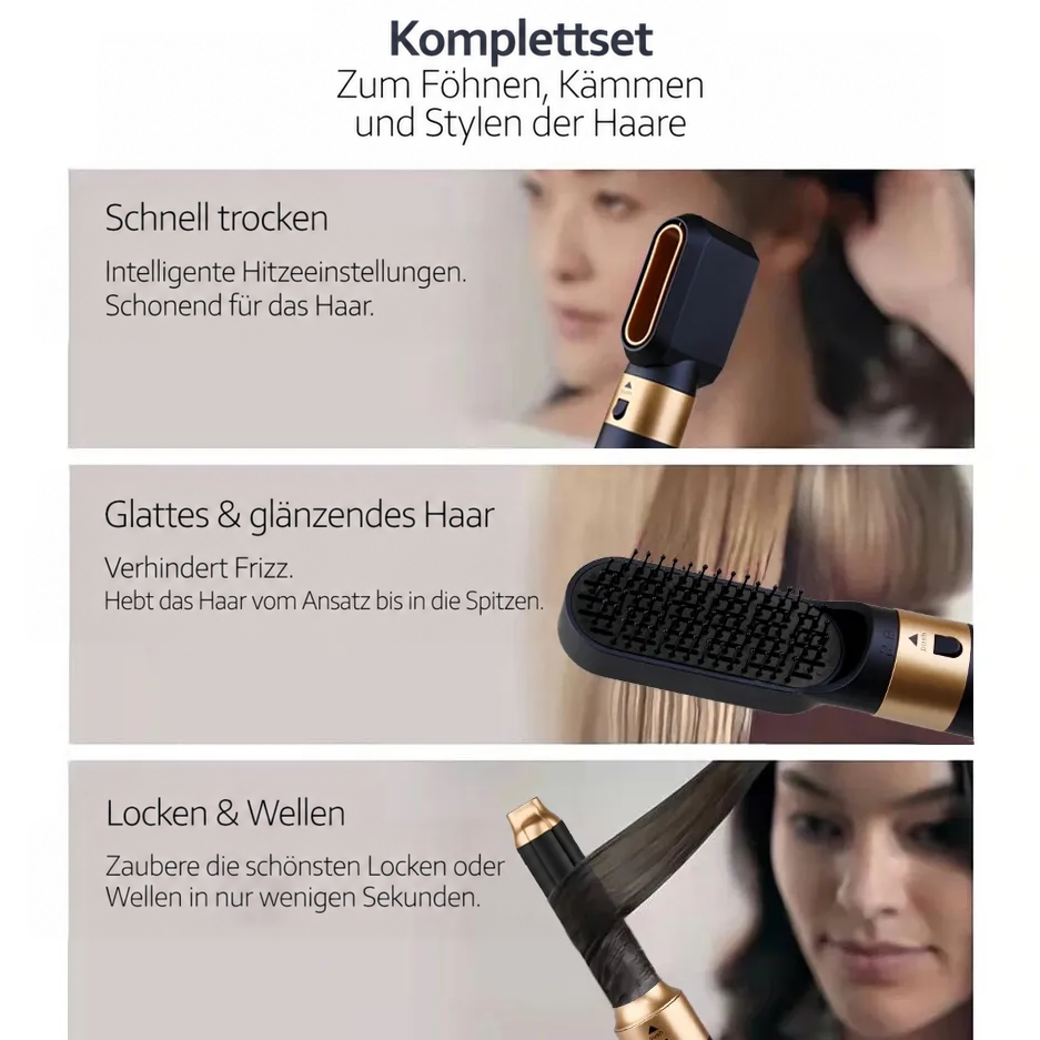 Föhn-Set mit Bürste, schwarz-gold, schnelles Trocknen, glattes Haar, Lockenstyling, 3-in-1.