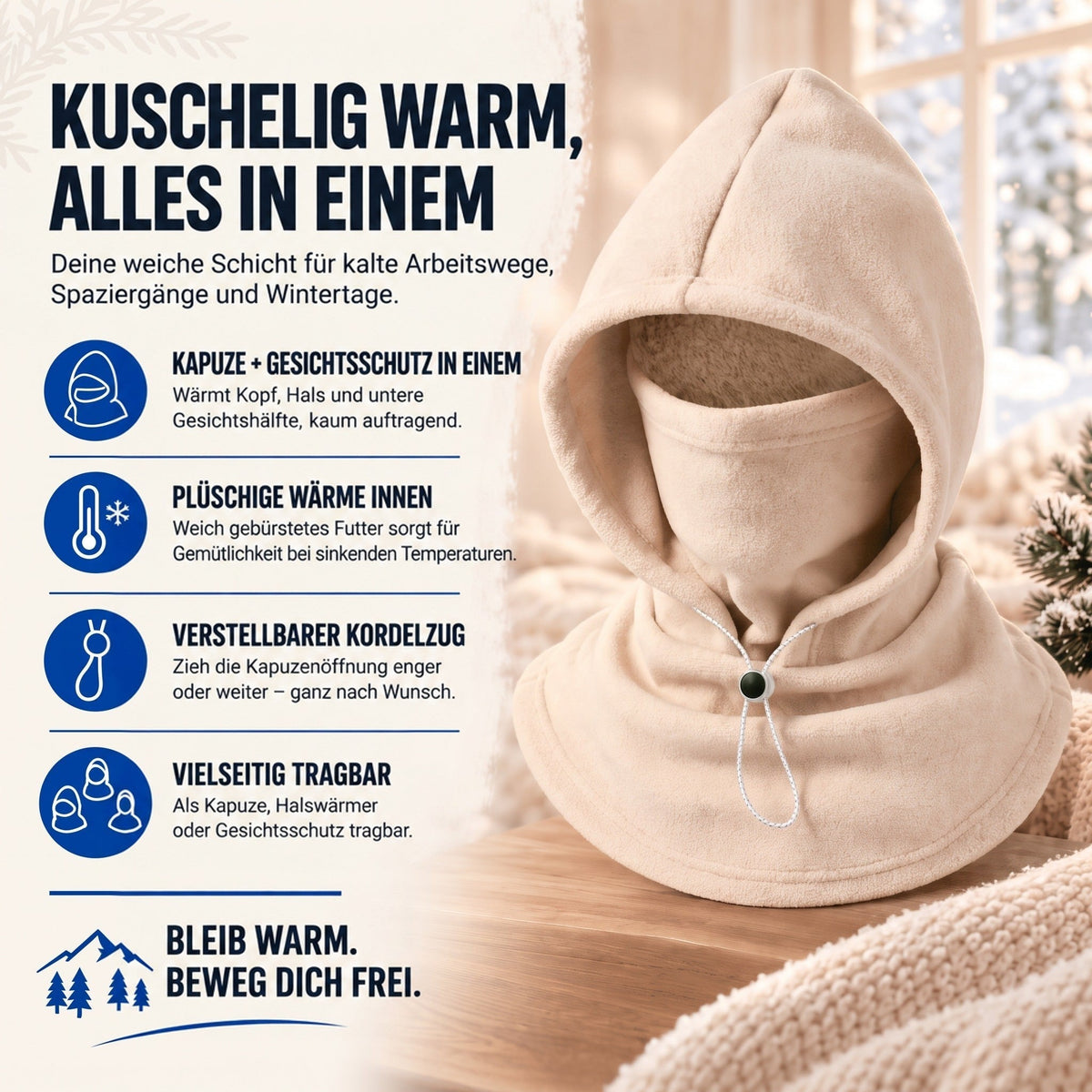 Beige Fleece-Kapuze auf einem Holztisch vor winterlicher Fensterkulisse, mit Infografik zu Futter, Kordelzug und Tragearten 2