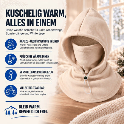 Beige Fleece-Kapuze auf einem Holztisch vor winterlicher Fensterkulisse, mit Infografik zu Futter, Kordelzug und Tragearten 2